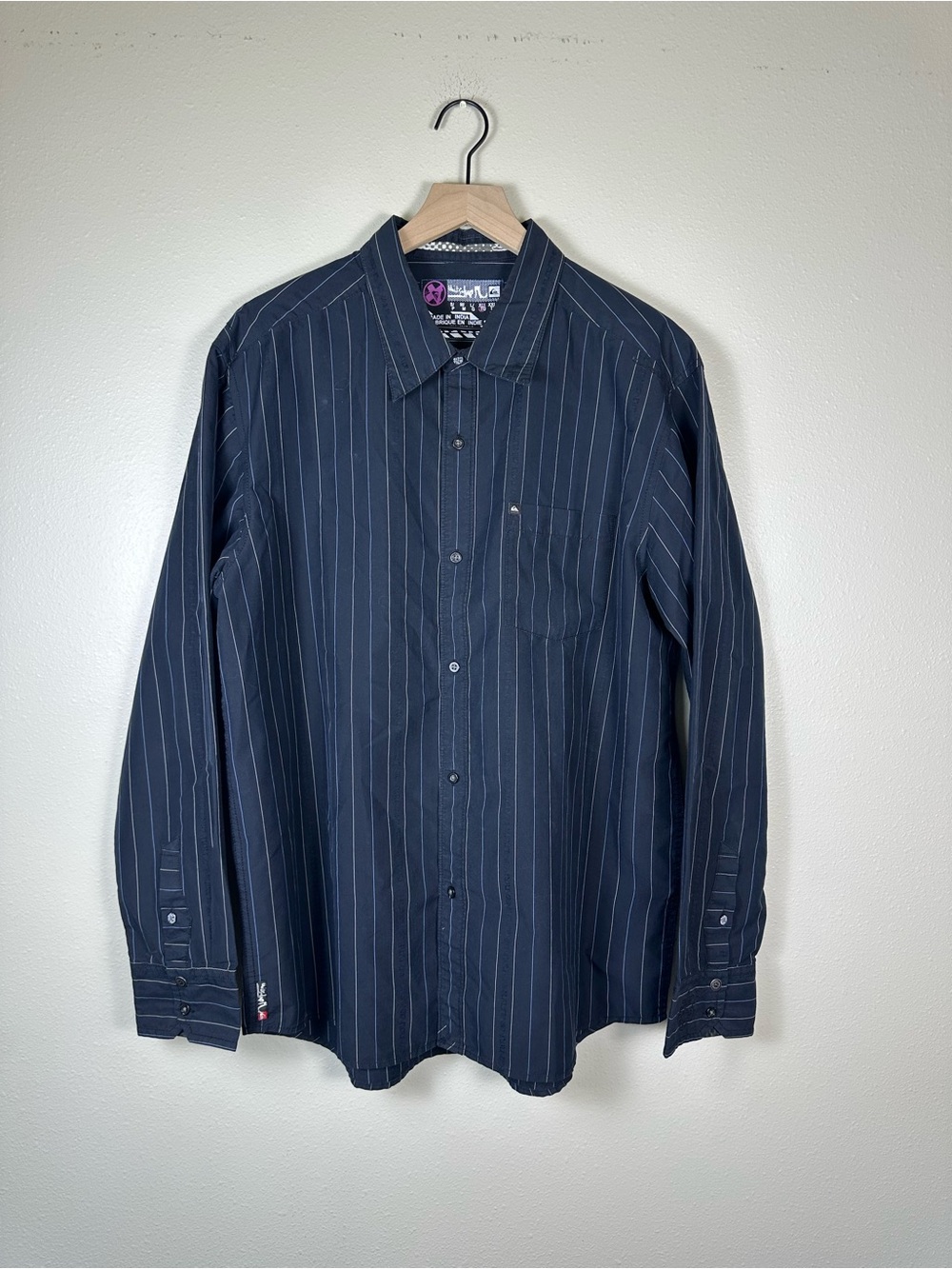QUICKSILVER Y2K Men's XL Hipster Skater Embroider Navy Pinstripe Button-Up Shirt